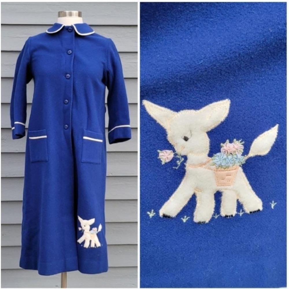 Vintage Rowes of Bond Street Blue Wool Kids Coat Lamb Applique Made in England - Picture 4 of 6